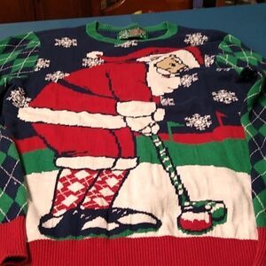 Ugly Christmas Sweater Men's Sm Cotton Santa playing golf! Cottagecore